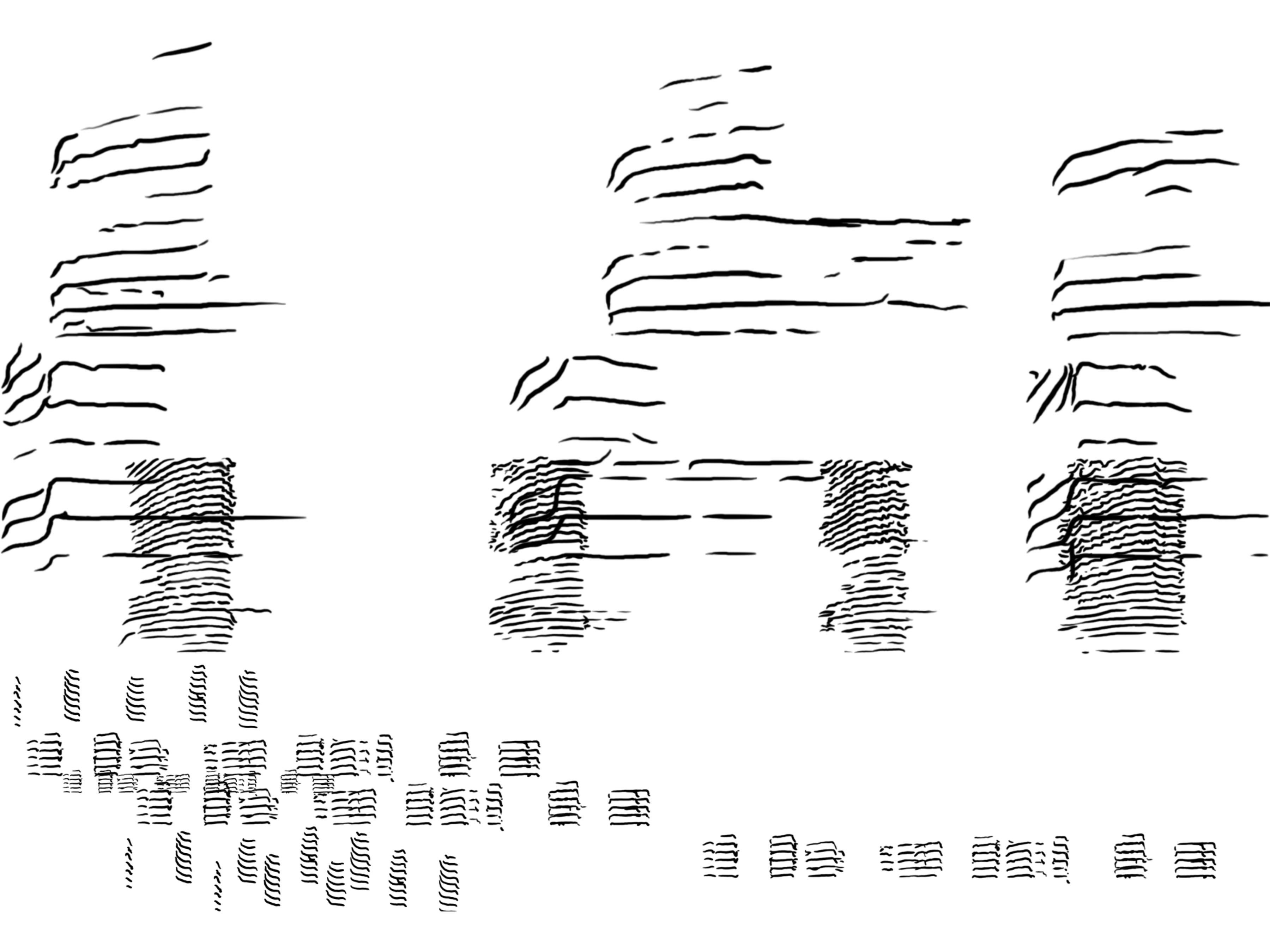 Black and white artwork composed of shapes derived from bird call spectrograms for Clark's nutcracker and red-breasted nuthatch.