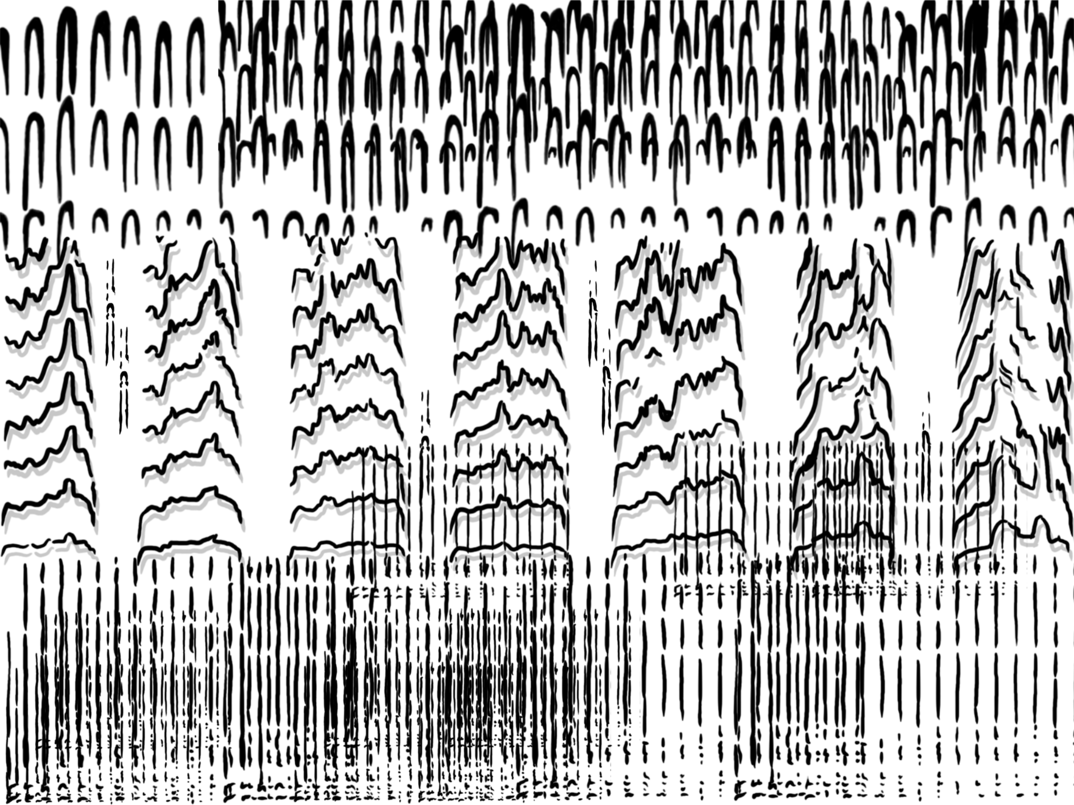 Black and white artwork composed of shapes derived from bird call spectrograms for downy woodpecker, northern flicker, and hairy woodpecker.