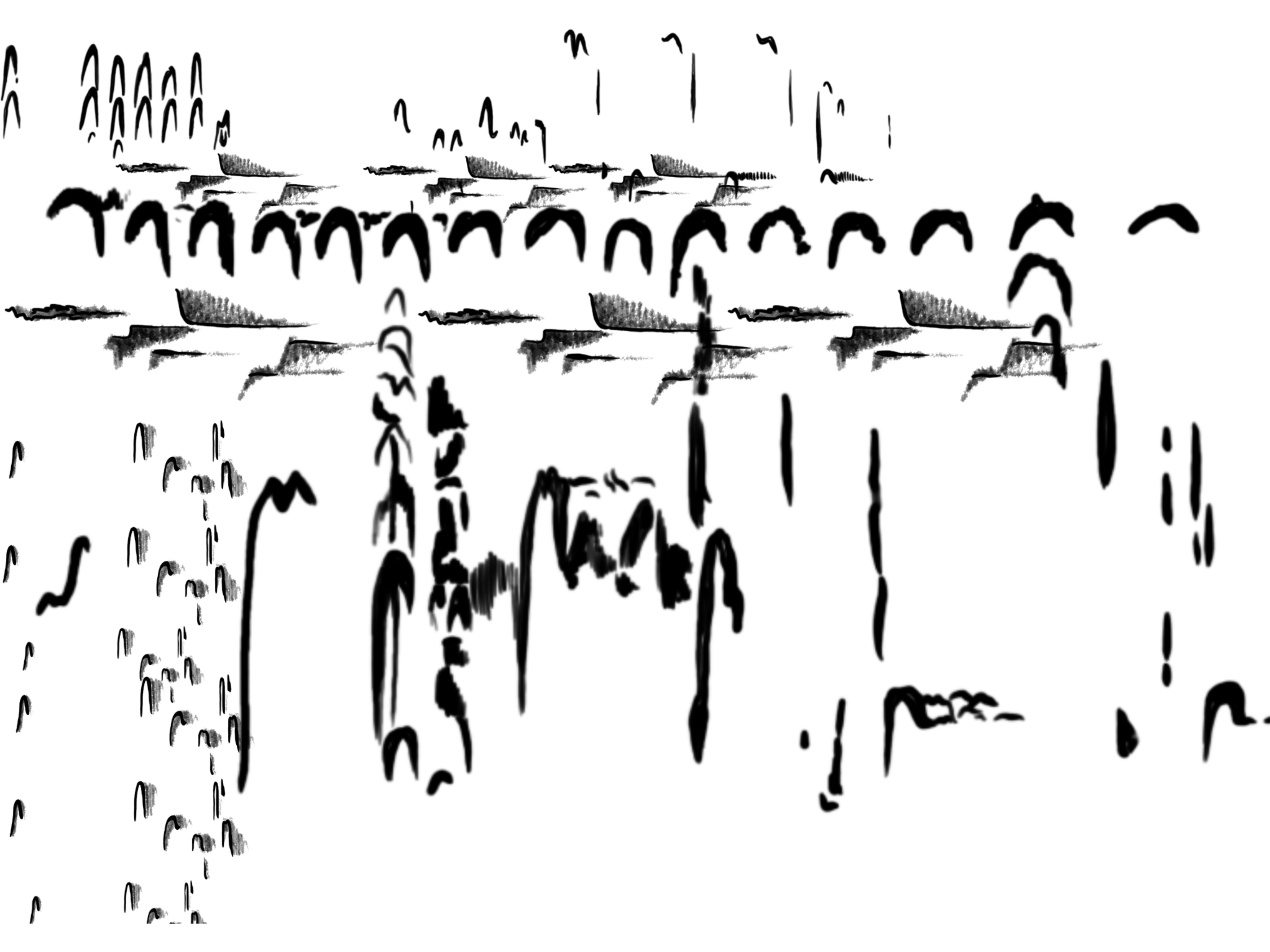 Black and white artwork composed of shapes derived from bird call spectrograms for Clark's nutcracker and mountain chickadee.